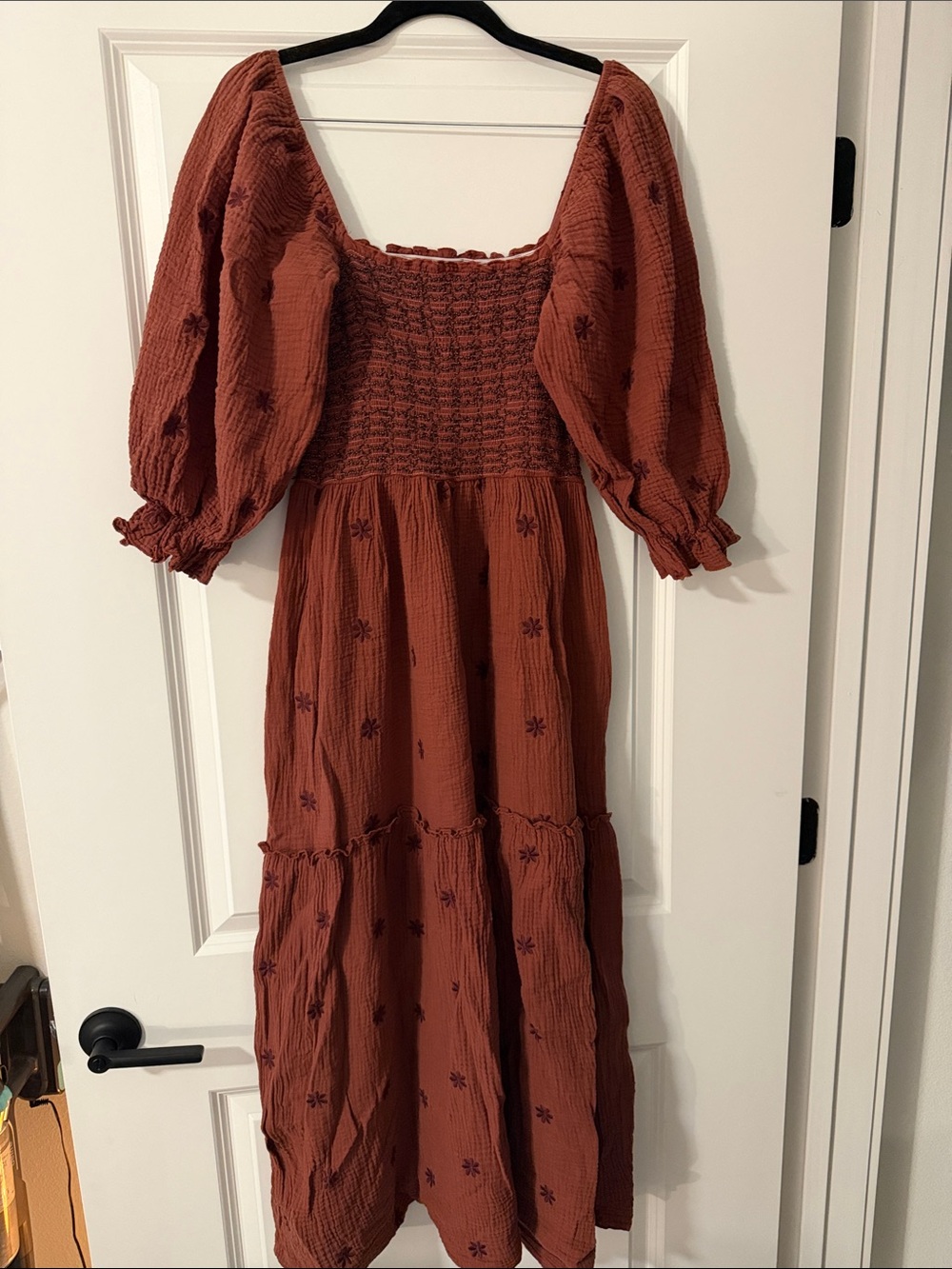 Amazon Rust Maxi Dress with Smocked Bodice and Puff Sleeves